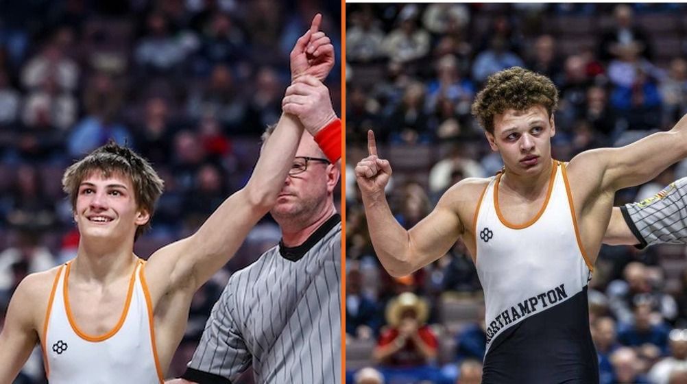 2026 State Champions side by side: Brayden Wenrich has his hand raised by the referee, and Gabe Ballard points a finger skyward